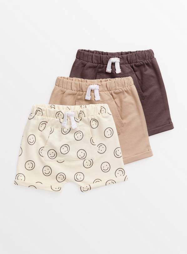 Neutral Smiley Face Print Jersey Shorts 3 Pack  6-9 months